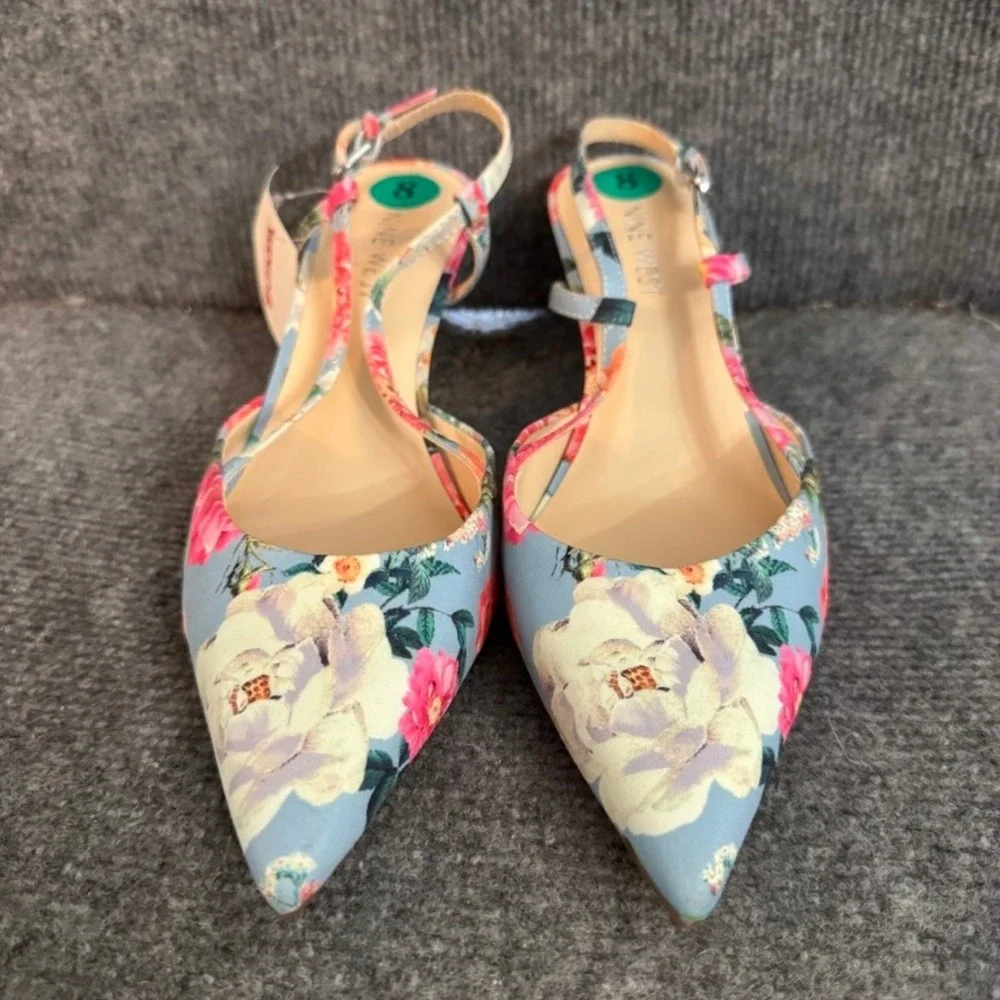 Nine West Womens Floral Slingback Pumps Blue Pink Pointed Toe Kitten Heel 8M NEW